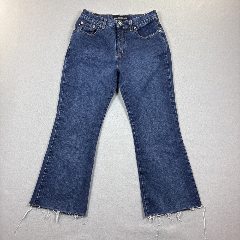 EXPRESS Extreme Flare Jeans Blue Fraying Raw Hem 7/8 Reg Capri 26in Inseam